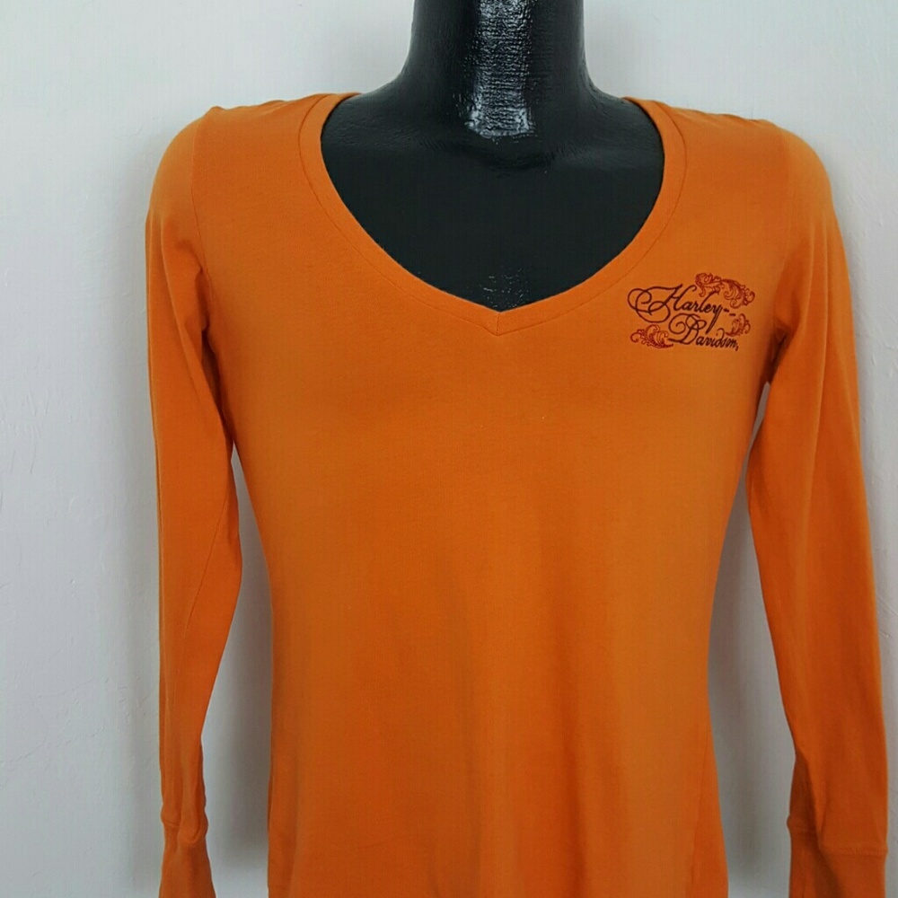 Harley Davidson women top orange long sleeve women size M festive motorcycle